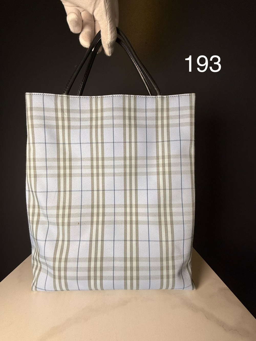 Burberry Light Blue & Beige Plaid Tote with Black Handles